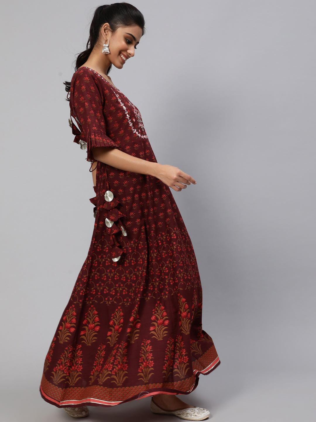 Maroon Floral Print Flared Maxi Dress - Elganza