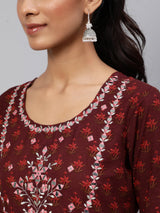 Maroon Floral Print Flared Maxi Dress - Elganza
