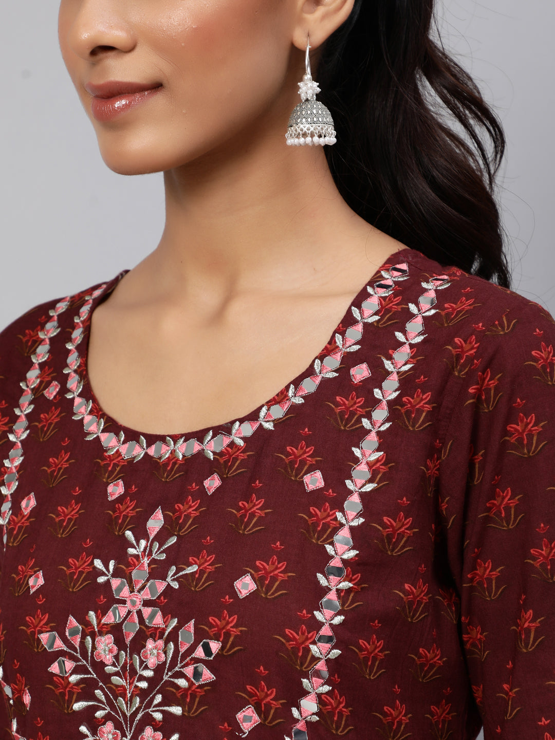 Maroon Floral Print Flared Maxi Dress - Elganza