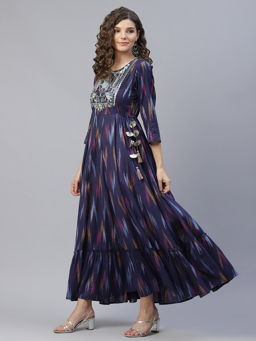 Blue Embroidered Flared Maxi Dress - Elganza