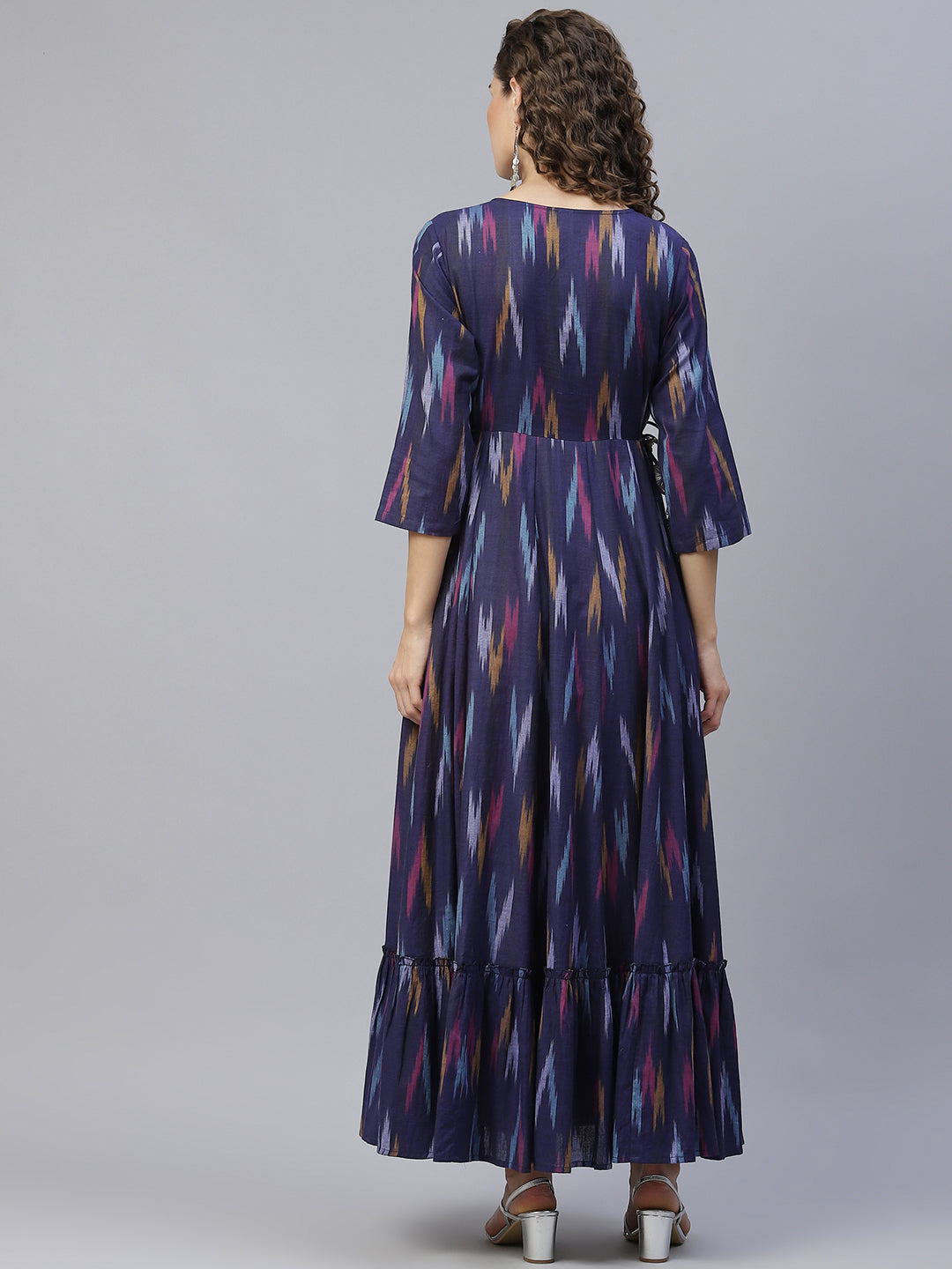 Blue Embroidered Flared Maxi Dress - Elganza