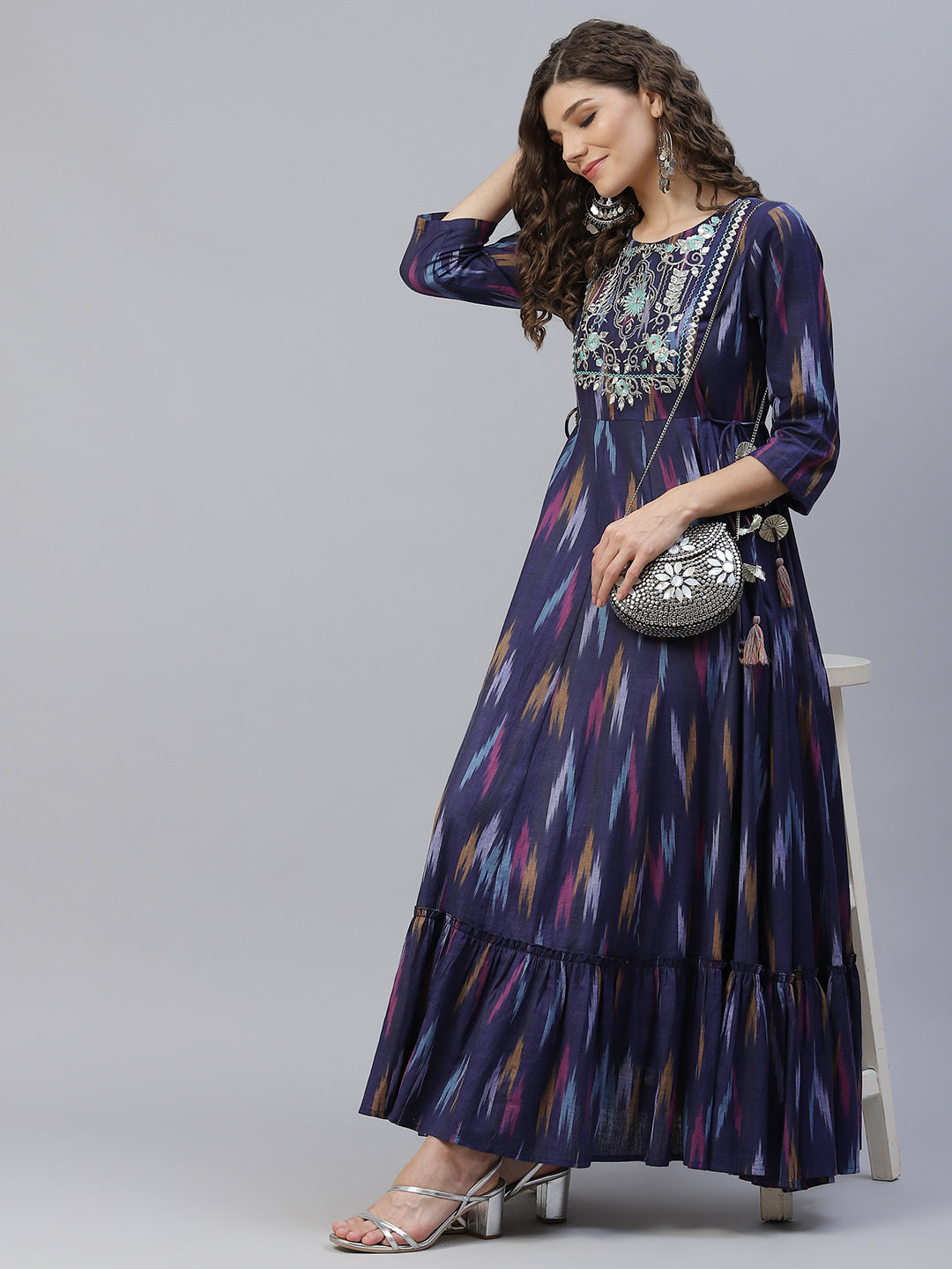Blue Embroidered Flared Maxi Dress - Elganza