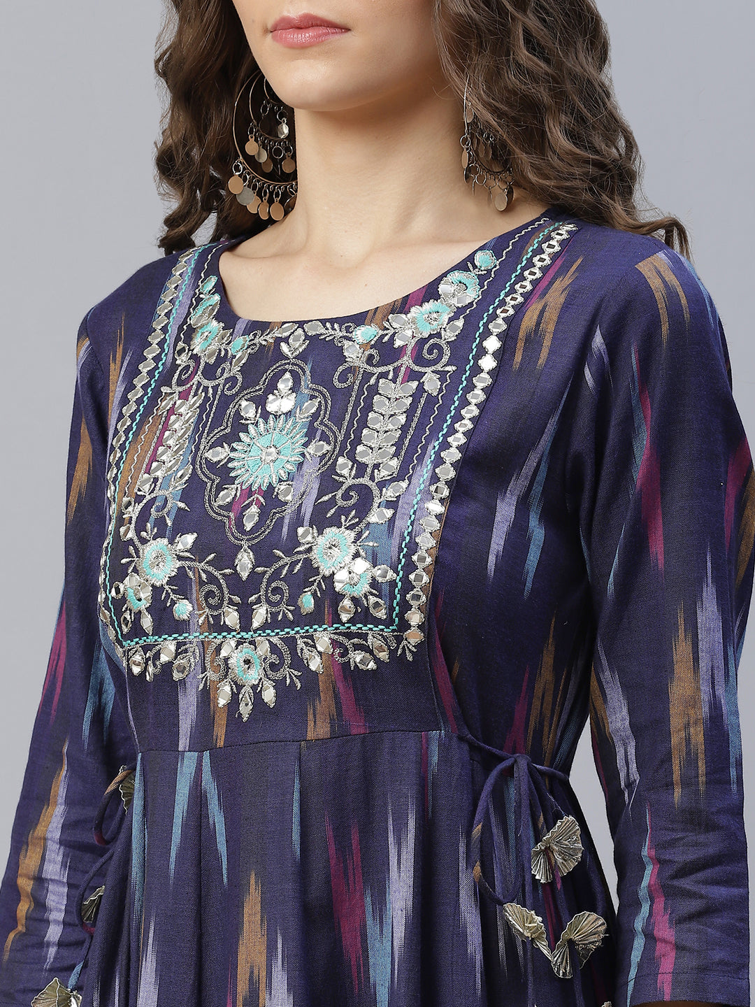 Blue Embroidered Flared Maxi Dress - Elganza
