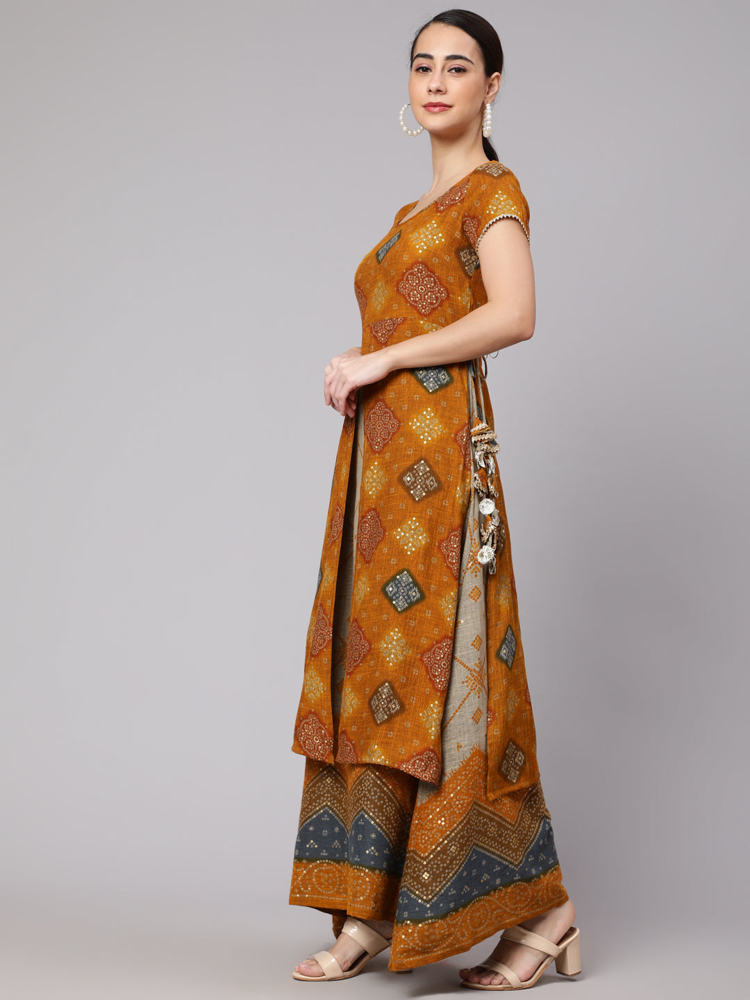 Mustard Bandhani Print Layered Maxi Dress - Elganza