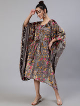 Grey Floral Print Kaftan Dress with Waist Tie-Up - Elganza