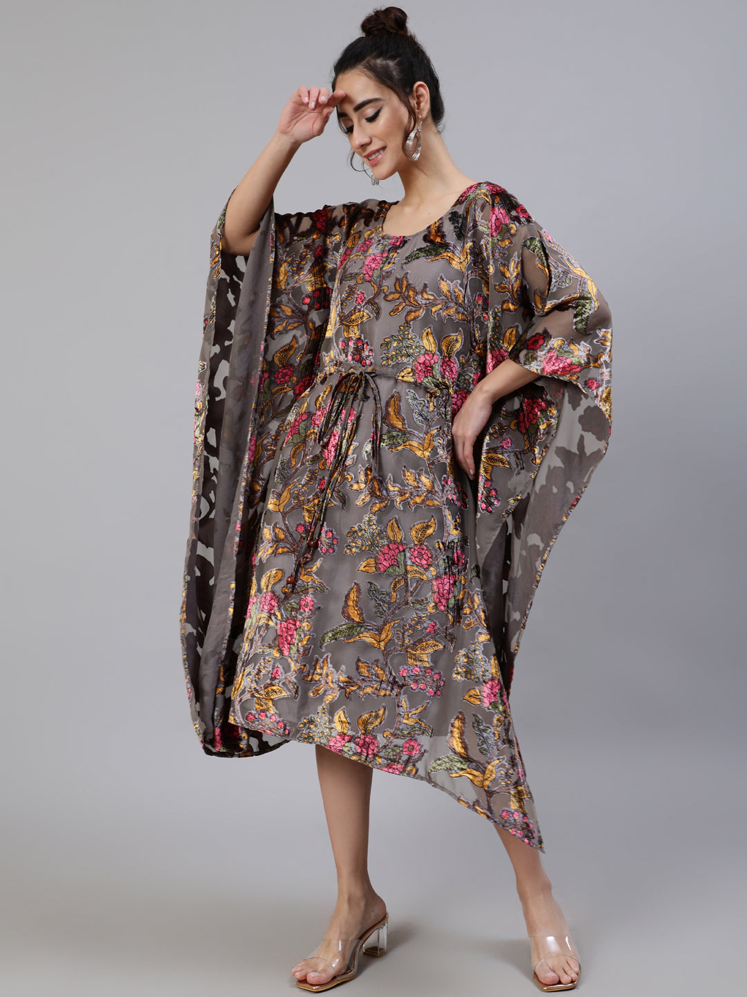 Grey Floral Print Kaftan Dress with Waist Tie-Up - Elganza