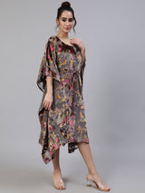 Grey Floral Print Kaftan Dress with Waist Tie-Up - Elganza