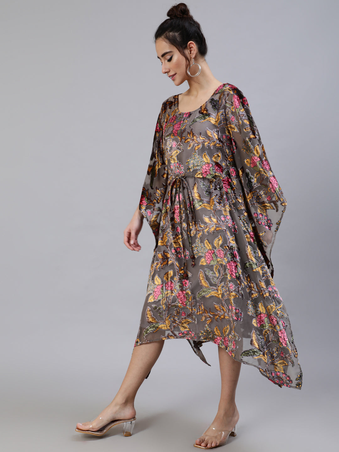 Grey Floral Print Kaftan Dress with Waist Tie-Up - Elganza