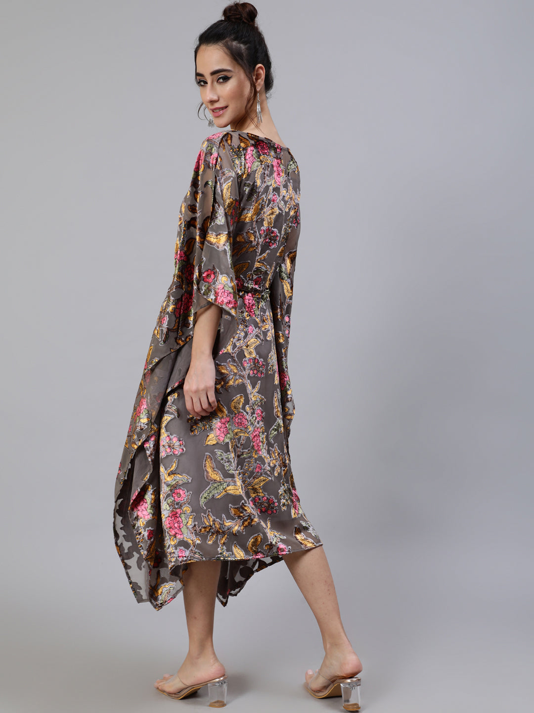 Grey Floral Print Kaftan Dress with Waist Tie-Up - Elganza