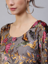 Grey Floral Print Kaftan Dress with Waist Tie-Up - Elganza