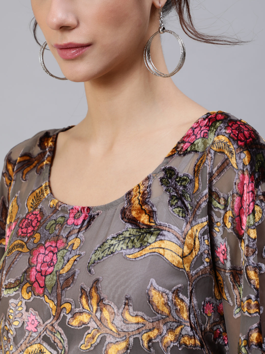 Grey Floral Print Kaftan Dress with Waist Tie-Up - Elganza