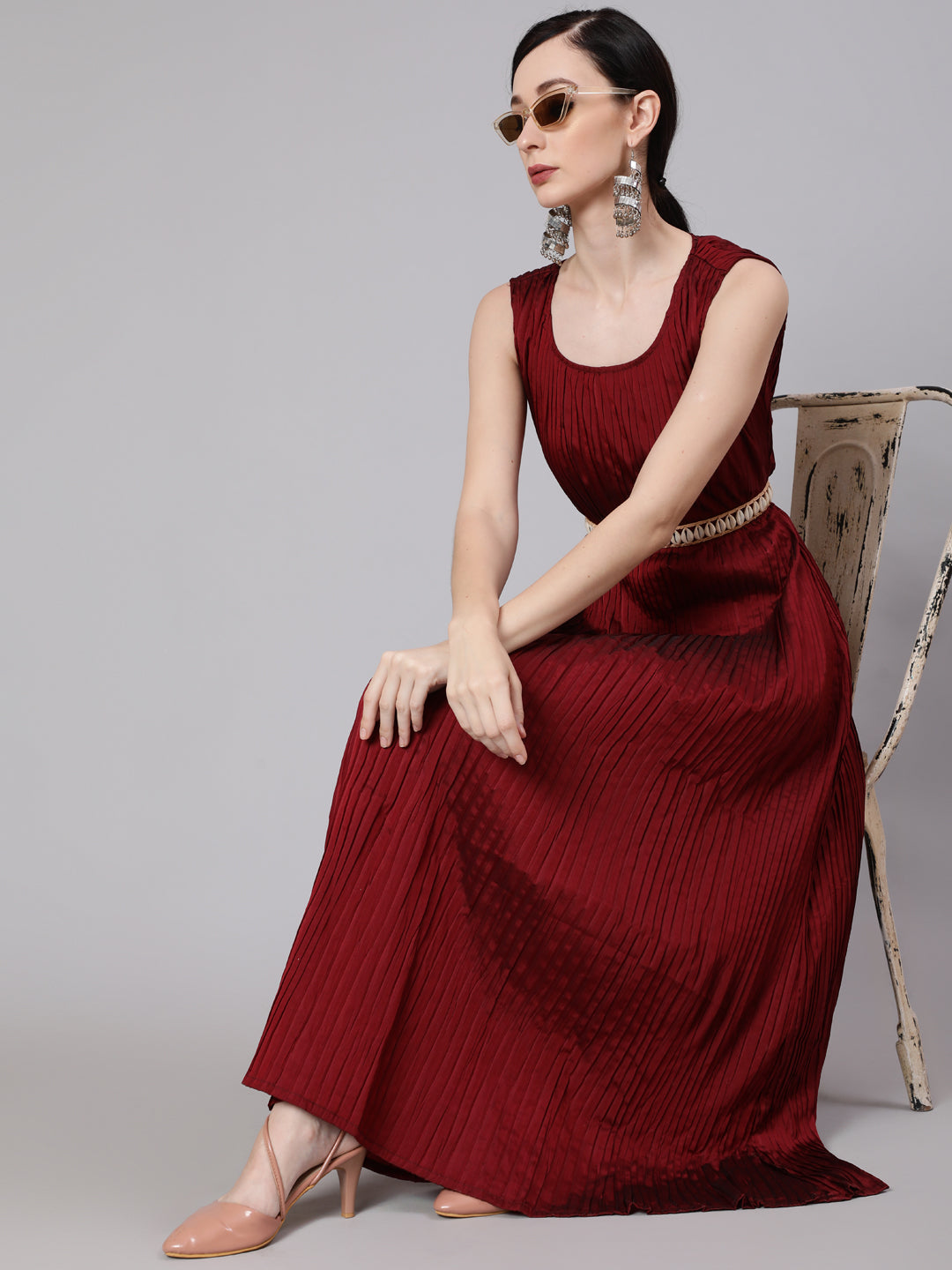Maroon Pleated Maxi Dress - Elganza