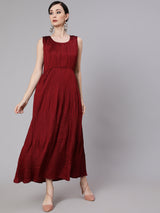 Maroon Pleated Maxi Dress - Elganza