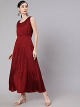 Maroon Pleated Maxi Dress - Elganza