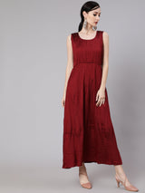 Maroon Pleated Maxi Dress - Elganza