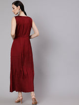 Maroon Pleated Maxi Dress - Elganza