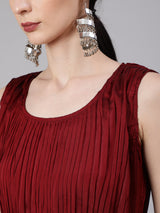 Maroon Pleated Maxi Dress - Elganza