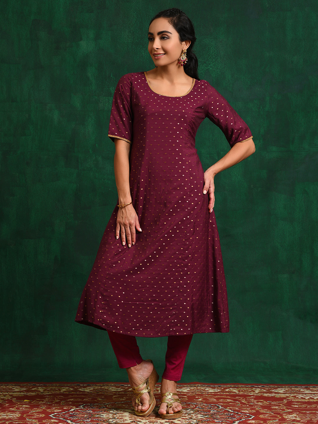 Burgundy Dobby Woven Design A-Line Kurta - Elganza