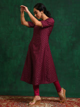 Burgundy Dobby Woven Design A-Line Kurta - Elganza