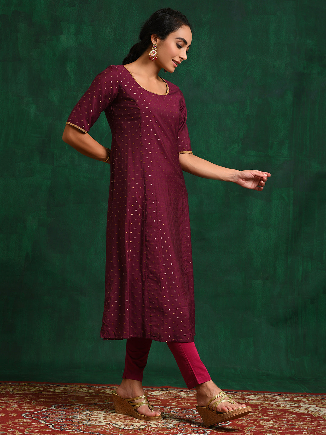 Burgundy Dobby Woven Design A-Line Kurta - Elganza