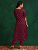 Burgundy Dobby Woven Design A-Line Kurta - Elganza