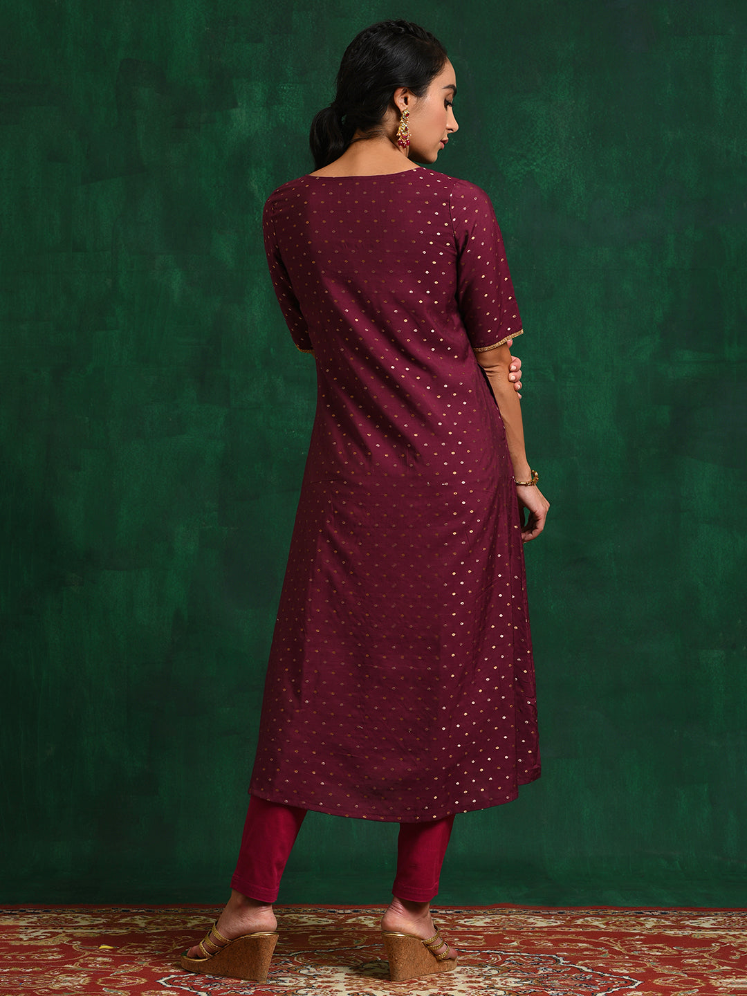 Burgundy Dobby Woven Design A-Line Kurta - Elganza
