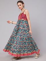 Blue Floral Print Tiered Maxi Dress With Lace Details - Elganza