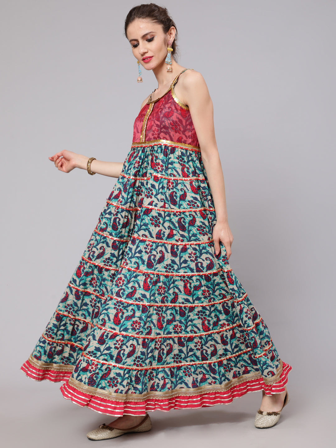 Blue Floral Print Tiered Maxi Dress With Lace Details - Elganza