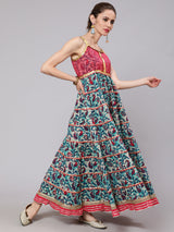 Blue Floral Print Tiered Maxi Dress With Lace Details - Elganza