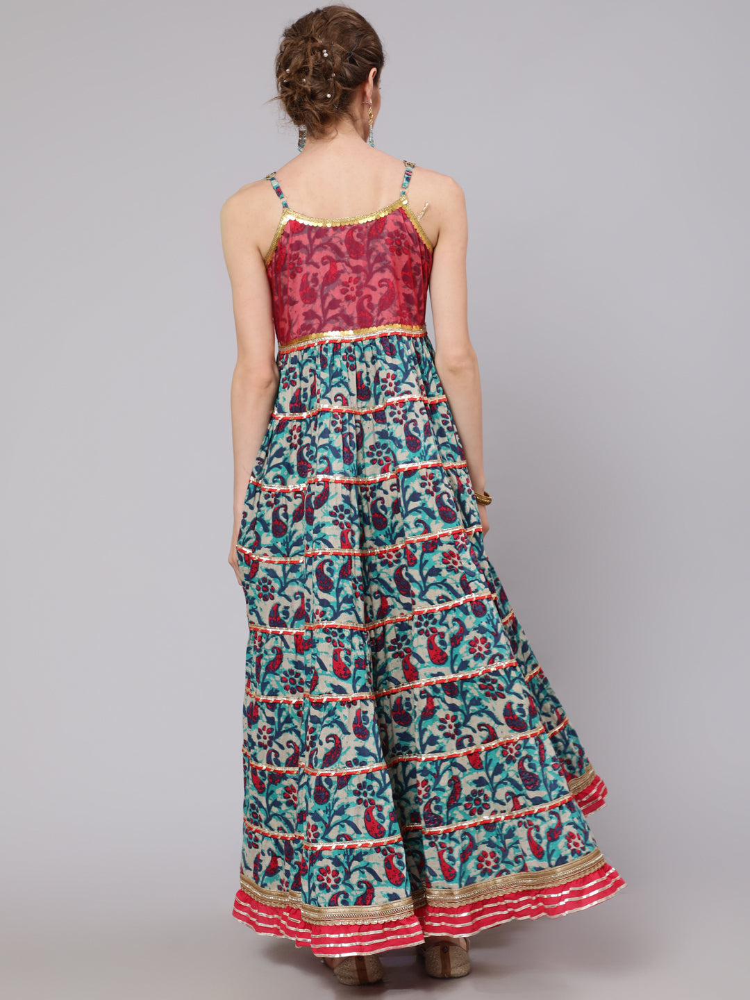 Blue Floral Print Tiered Maxi Dress With Lace Details - Elganza