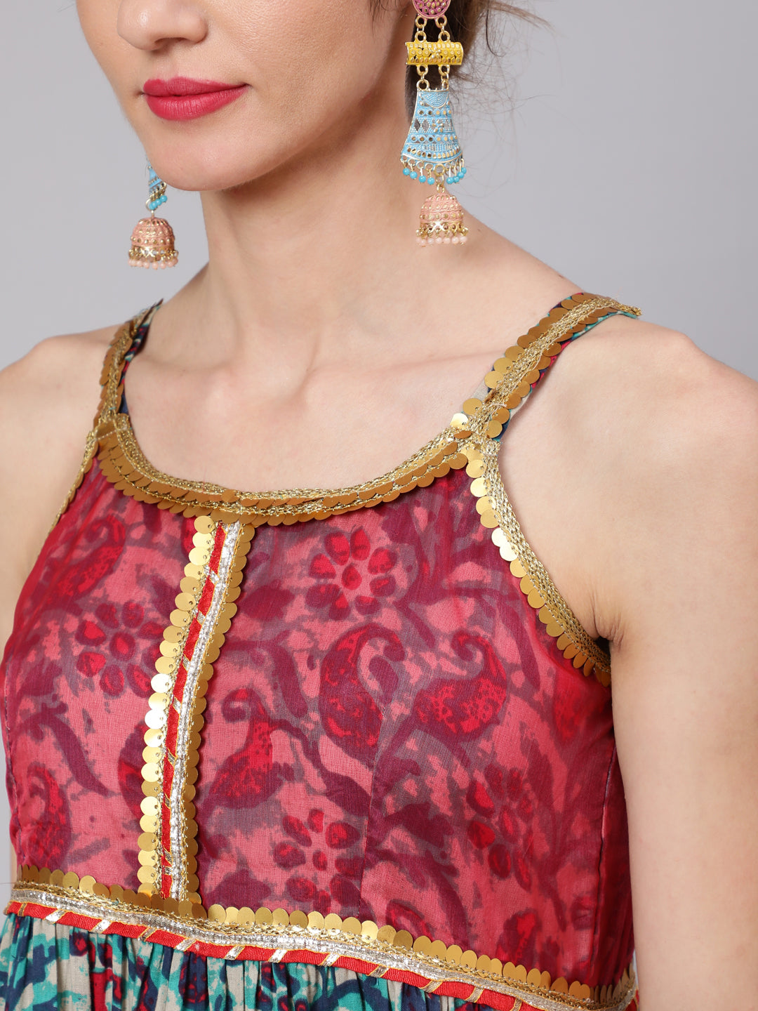 Blue Floral Print Tiered Maxi Dress With Lace Details - Elganza