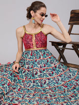 Blue Floral Print Tiered Maxi Dress With Lace Details - Elganza