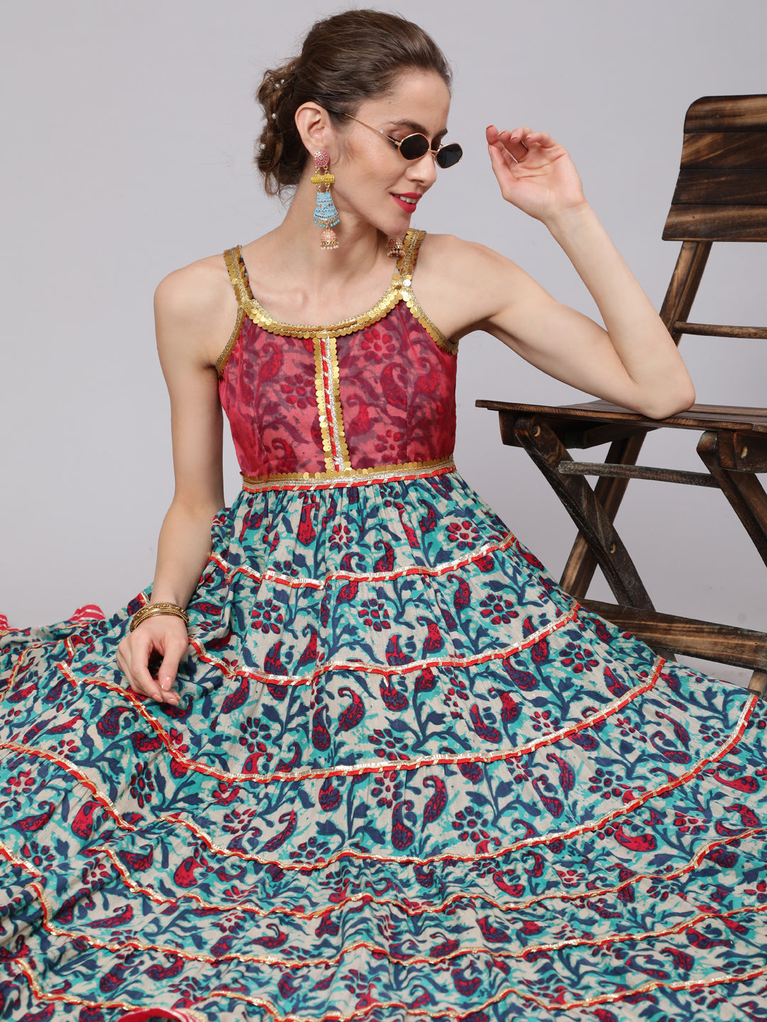 Blue Floral Print Tiered Maxi Dress With Lace Details - Elganza