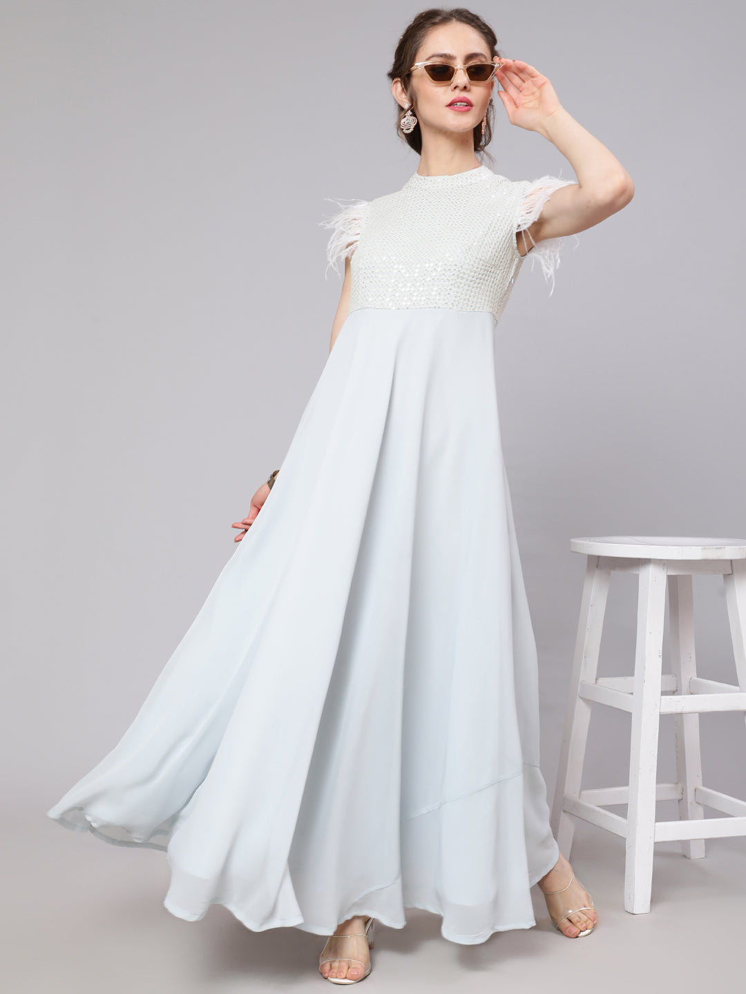 Blue Sequin Flared Maxi Dress - Elganza