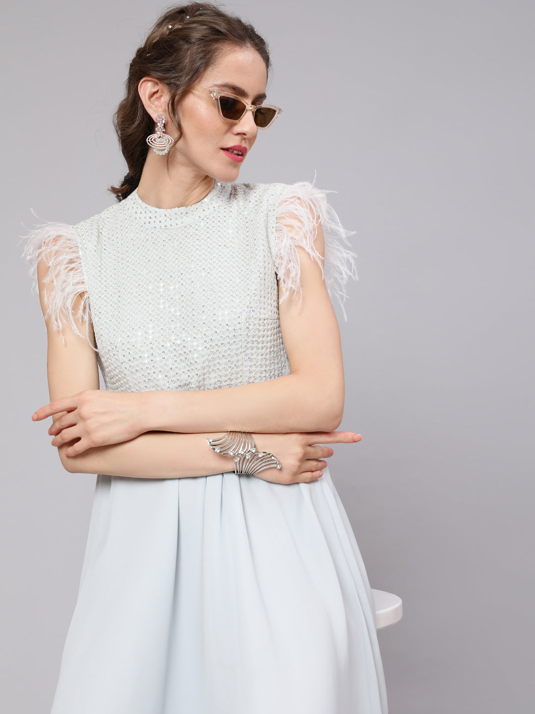 Blue Sequin Flared Maxi Dress - Elganza