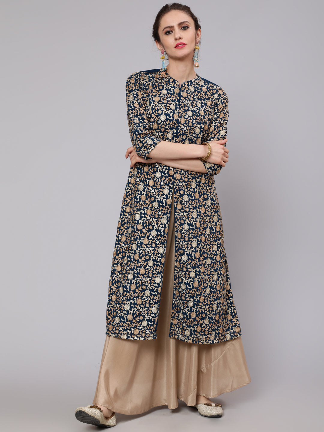 Blue Floral Embroidered Straight Kurta - Elganza