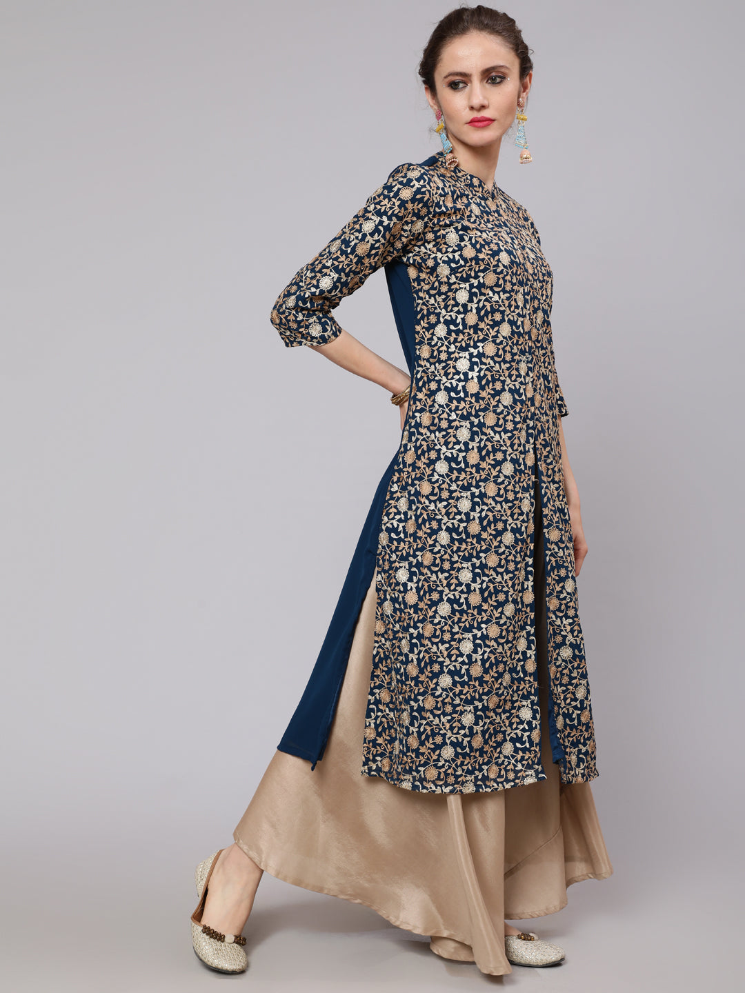 Blue Floral Embroidered Straight Kurta - Elganza