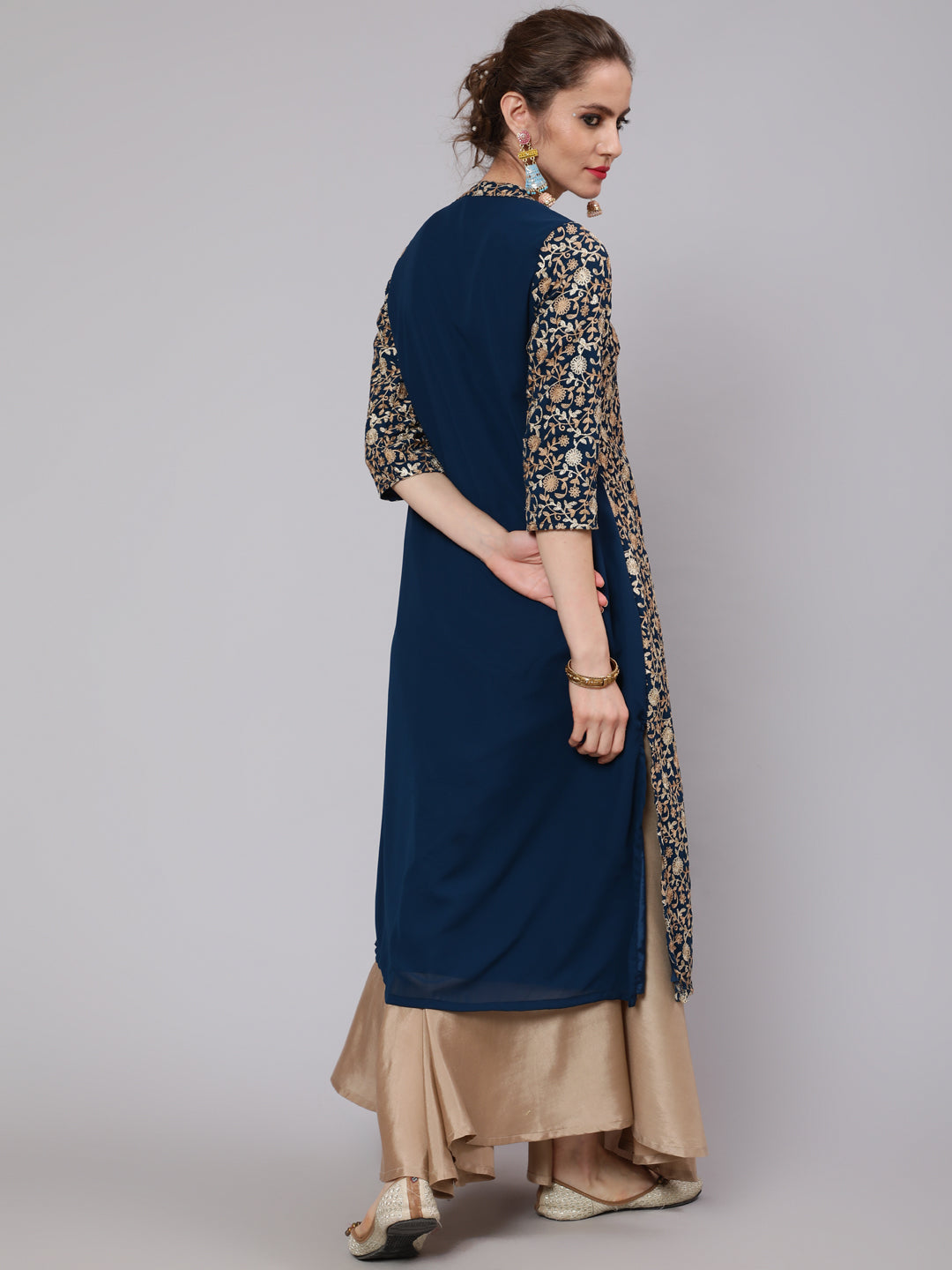 Blue Floral Embroidered Straight Kurta - Elganza