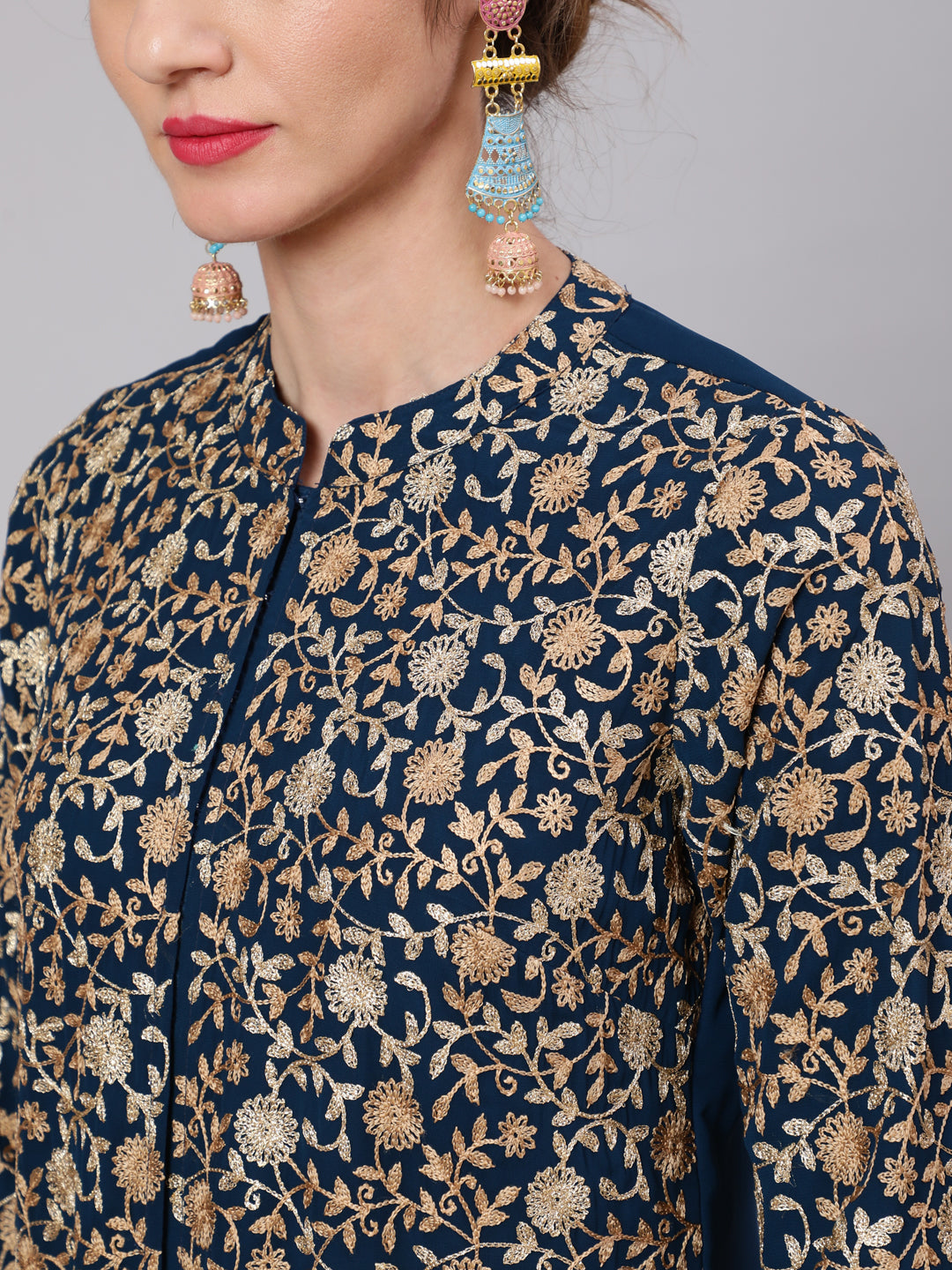 Blue Floral Embroidered Straight Kurta - Elganza