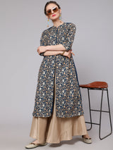 Blue Floral Embroidered Straight Kurta - Elganza