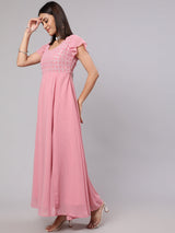Pink Mirror Work Flared Maxi Dress - Elganza