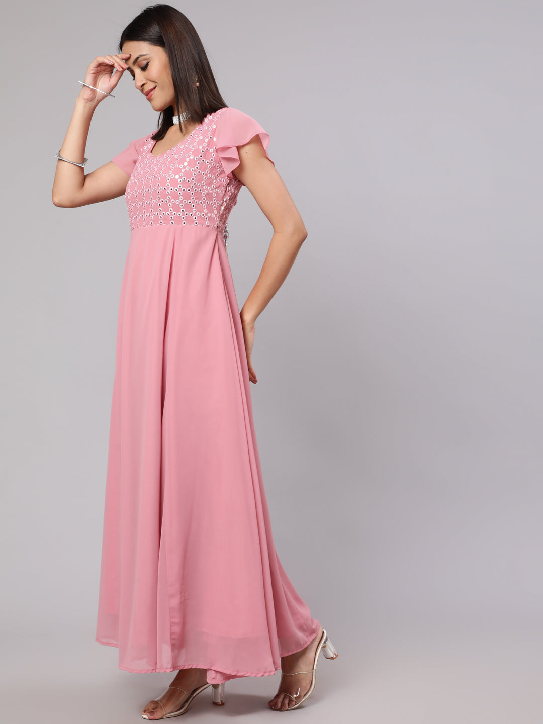 Pink Mirror Work Flared Maxi Dress - Elganza