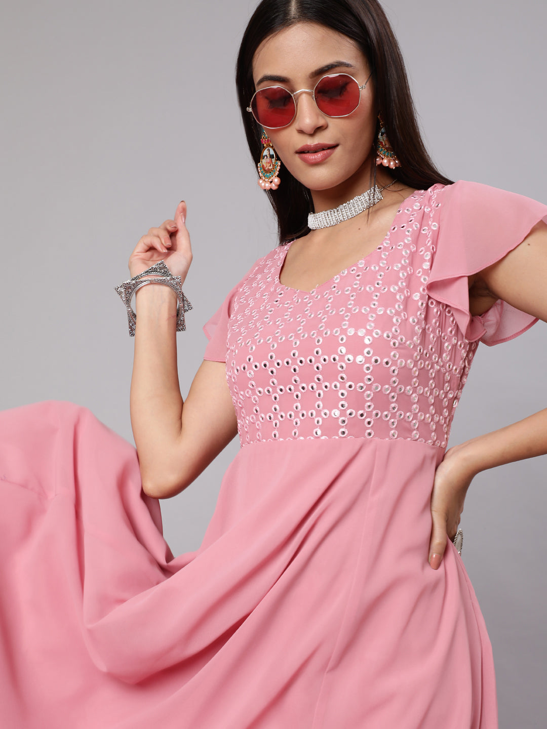 Pink Mirror Work Flared Maxi Dress - Elganza