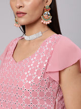 Pink Mirror Work Flared Maxi Dress - Elganza