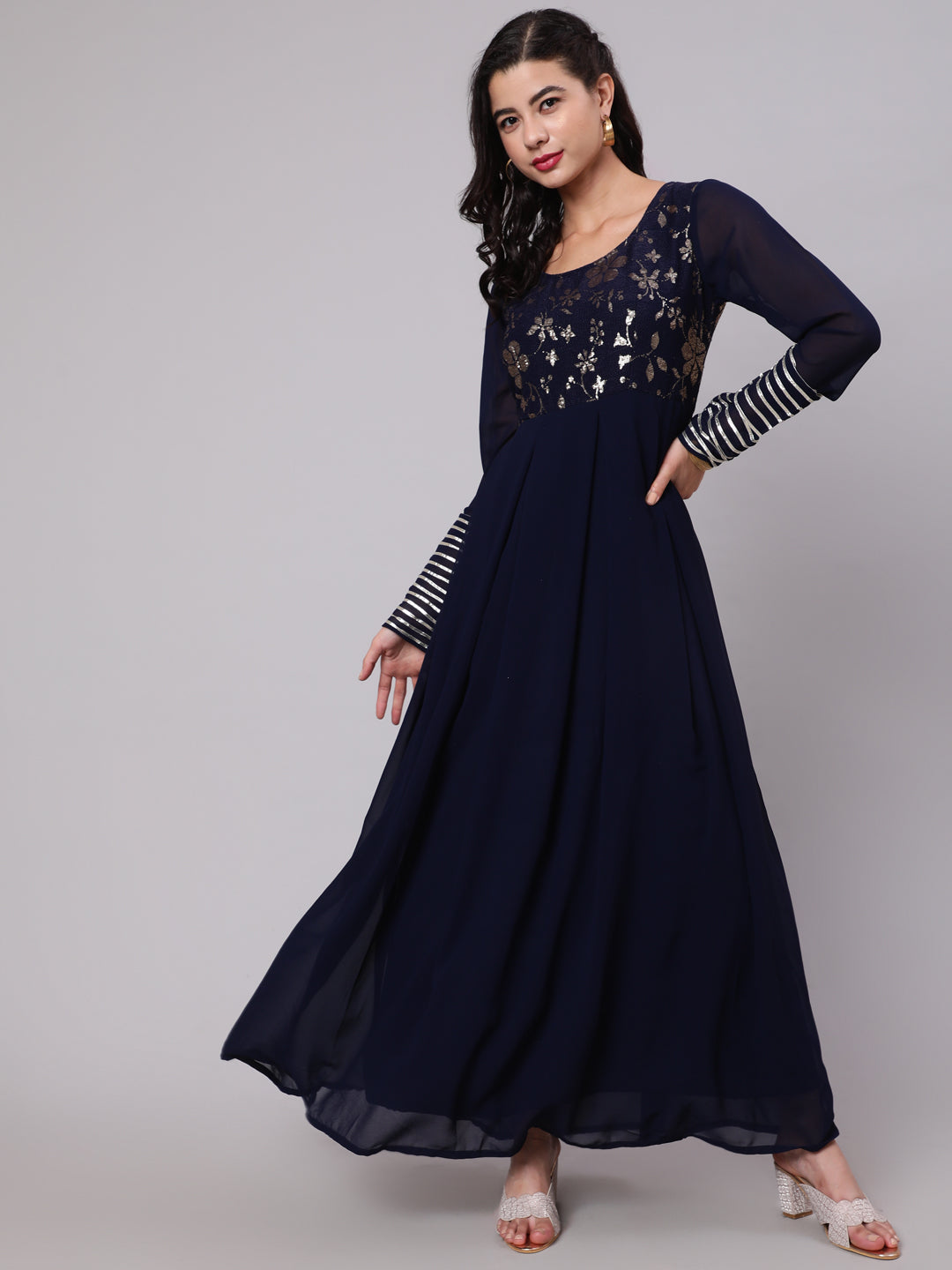 Navy Blue Sequined Box Pleated Maxi Dress - Elganza