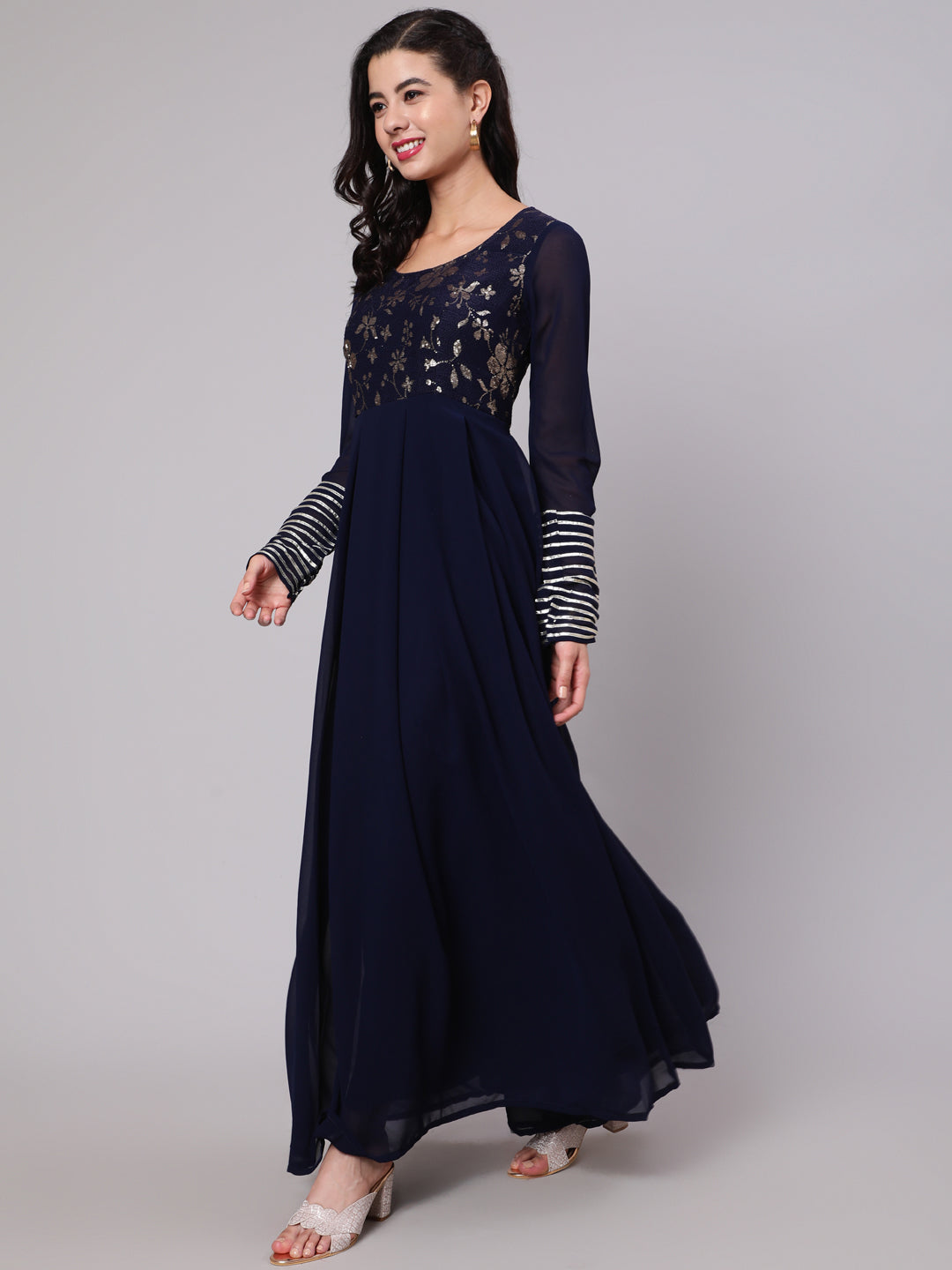Navy Blue Sequined Box Pleated Maxi Dress - Elganza