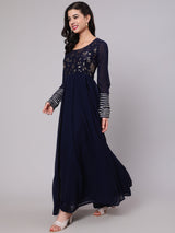 Navy Blue Sequined Box Pleated Maxi Dress - Elganza