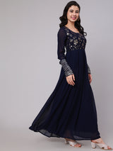 Navy Blue Sequined Box Pleated Maxi Dress - Elganza