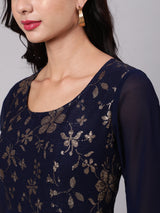 Navy Blue Sequined Box Pleated Maxi Dress - Elganza