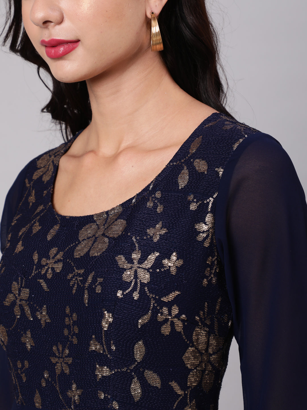Navy Blue Sequined Box Pleated Maxi Dress - Elganza
